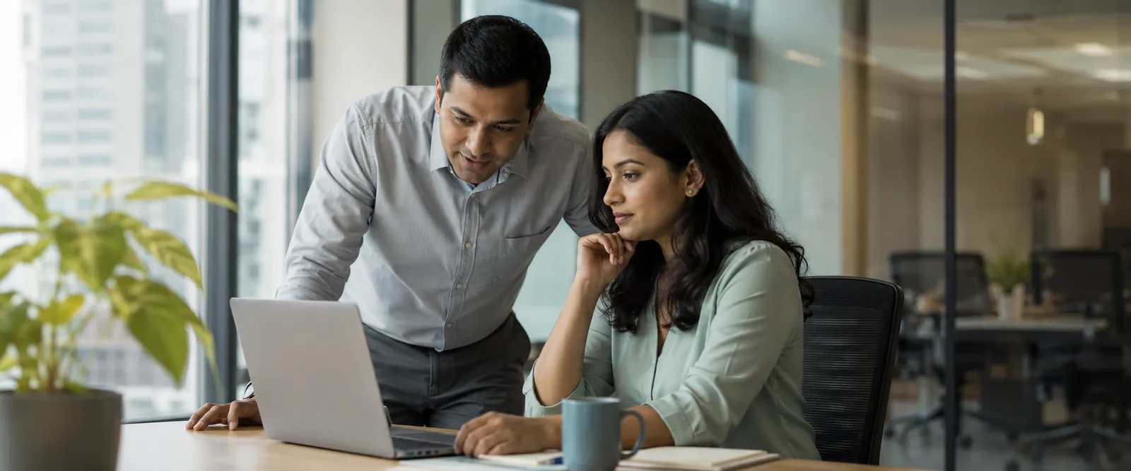 Two colleagues working side by side, one reviewing the other's work on screen