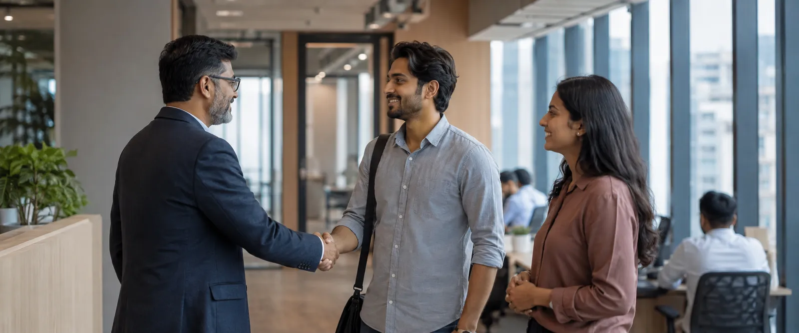 A hiring manager welcoming a new permanent employee on an open-plan office floor