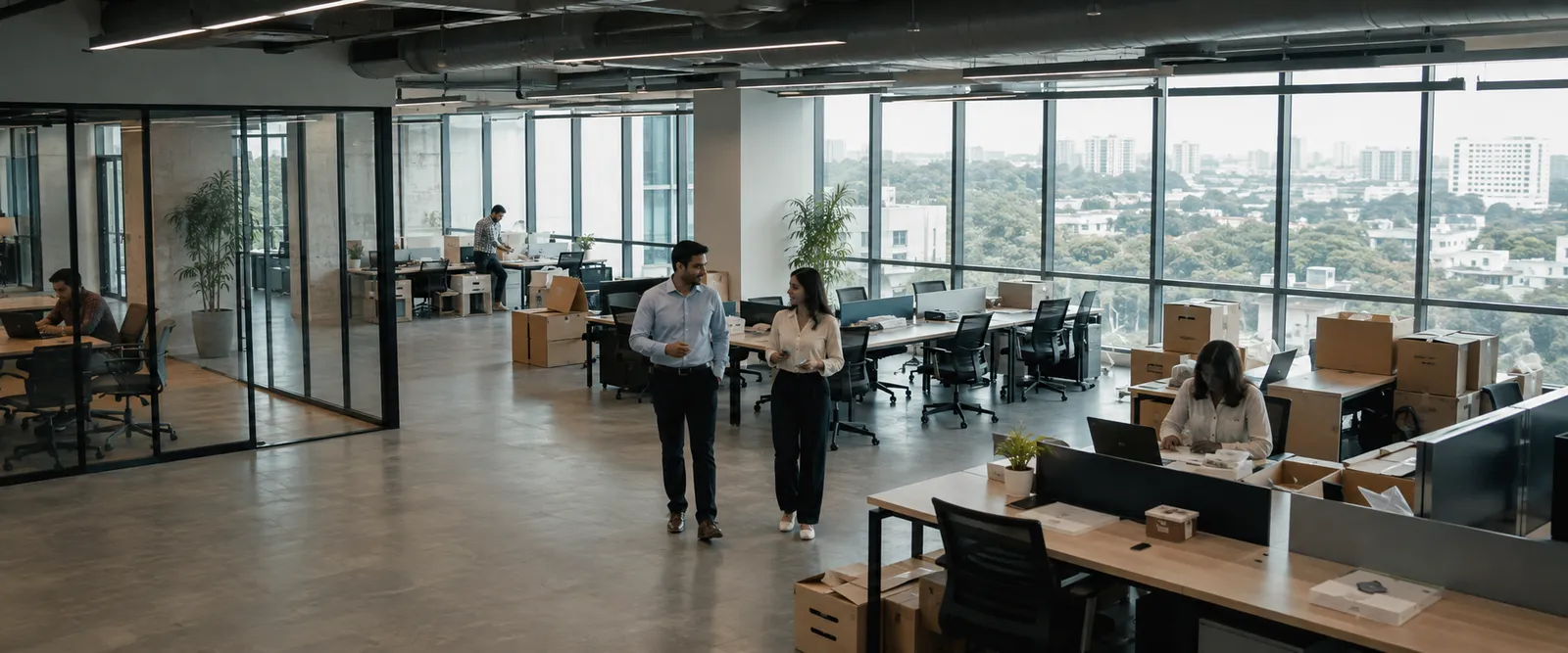 A wide view across a newly occupied office floor with people walking and talking
