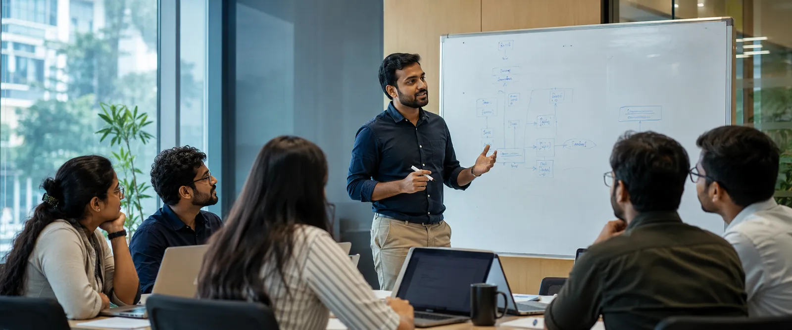 An instructor explaining a concept to young professionals working at laptops