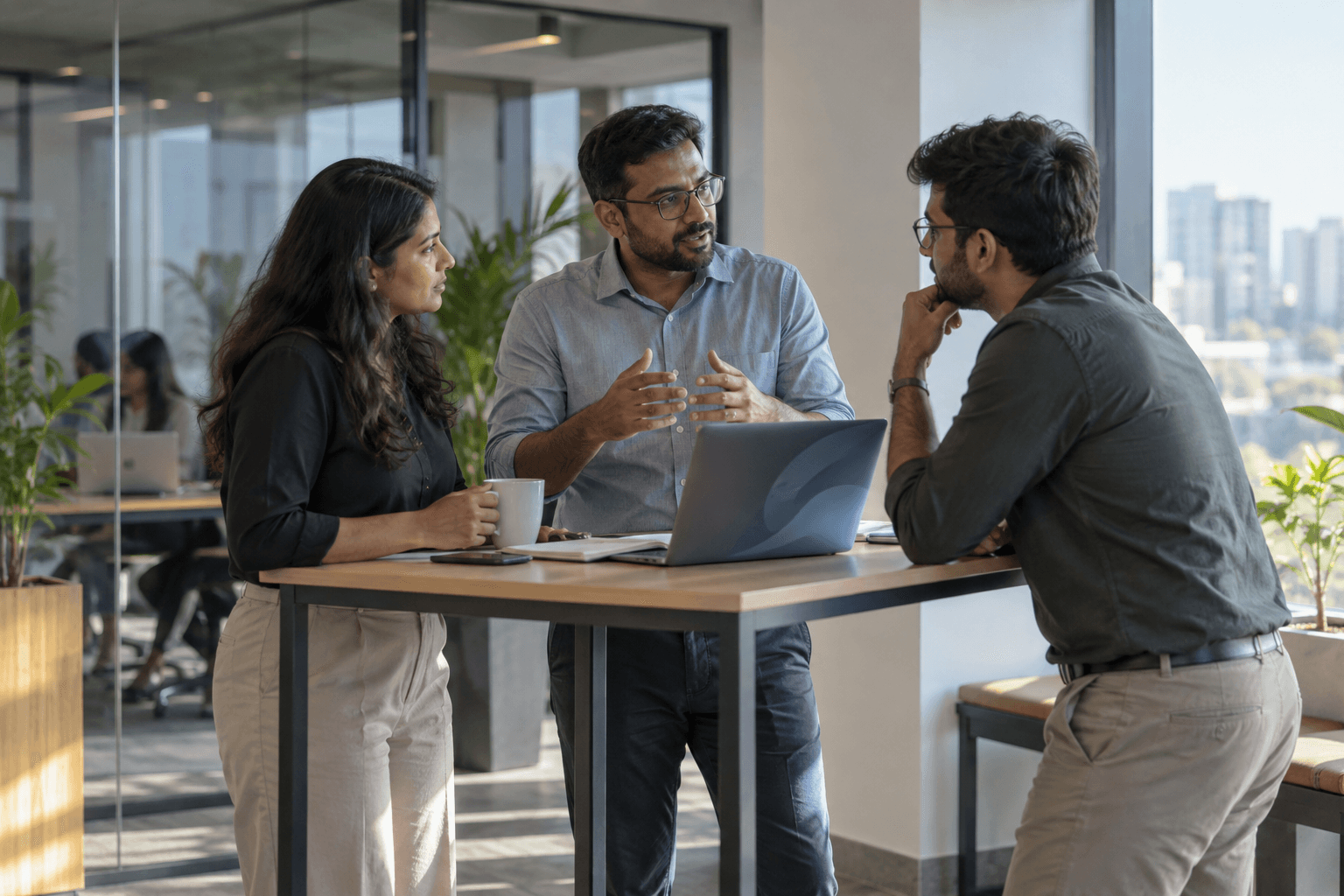Small team coordinating interviews around a laptop