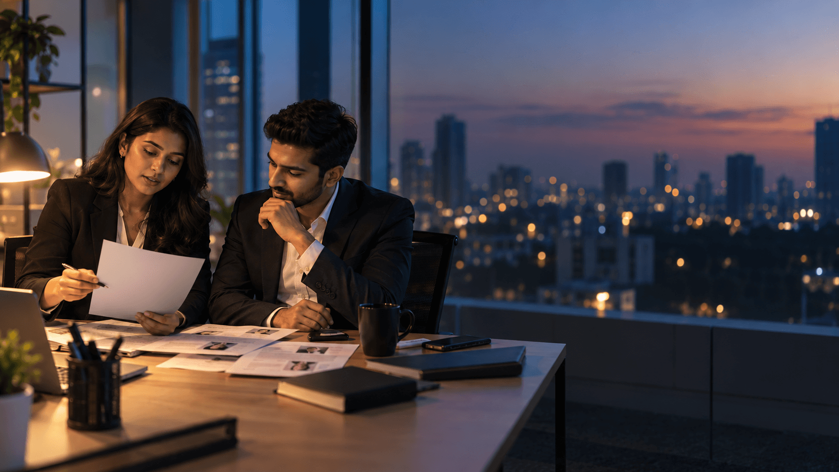 Two TalentMesh consultants reviewing candidate profiles across a table at dusk