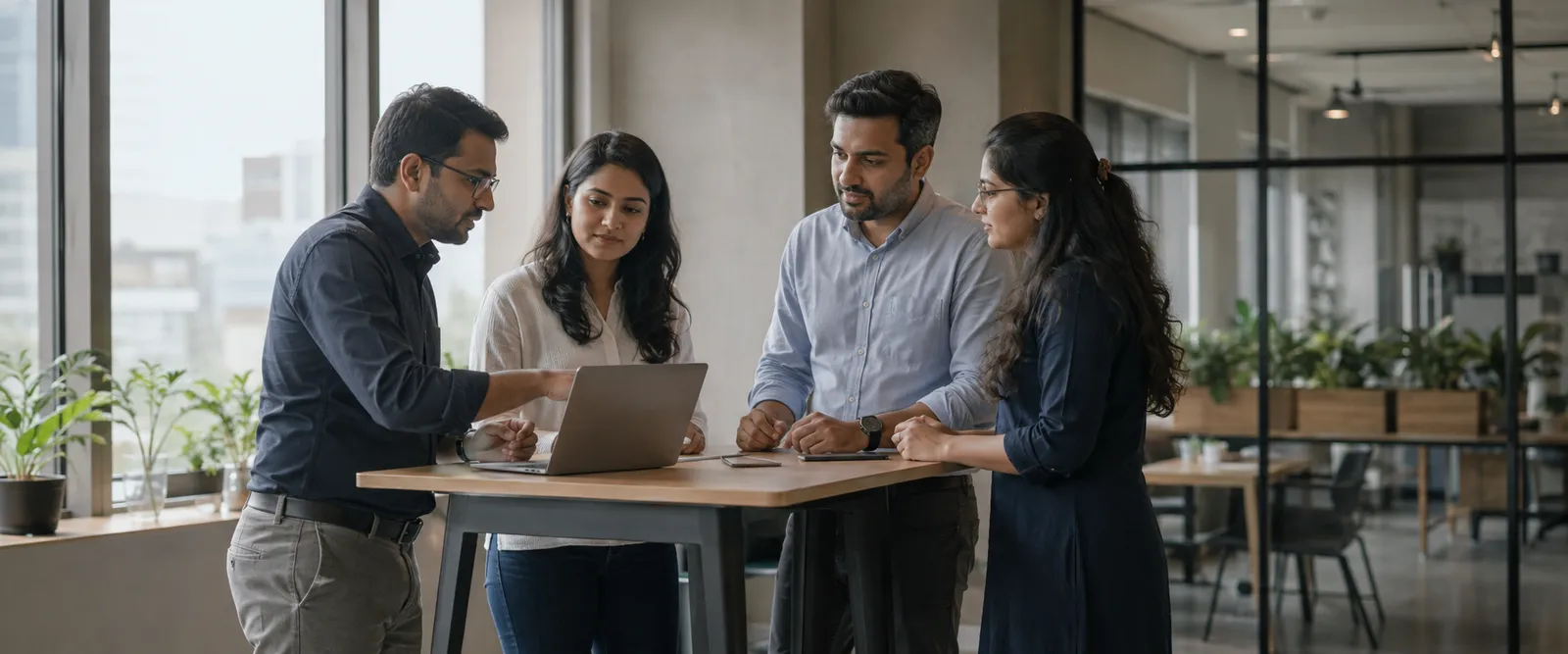 A project team bringing a newly joined colleague up to speed at a standing desk