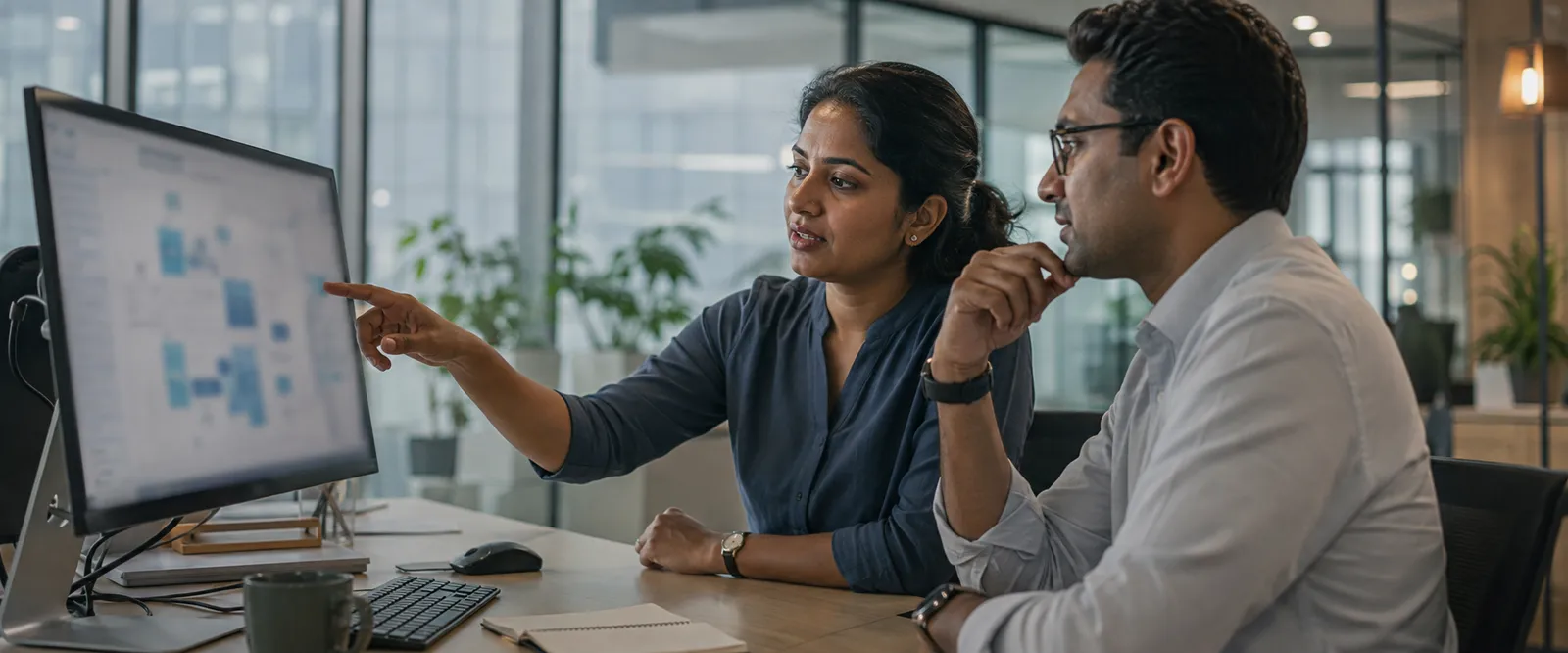 Two operations colleagues reviewing workforce data together on a large monitor