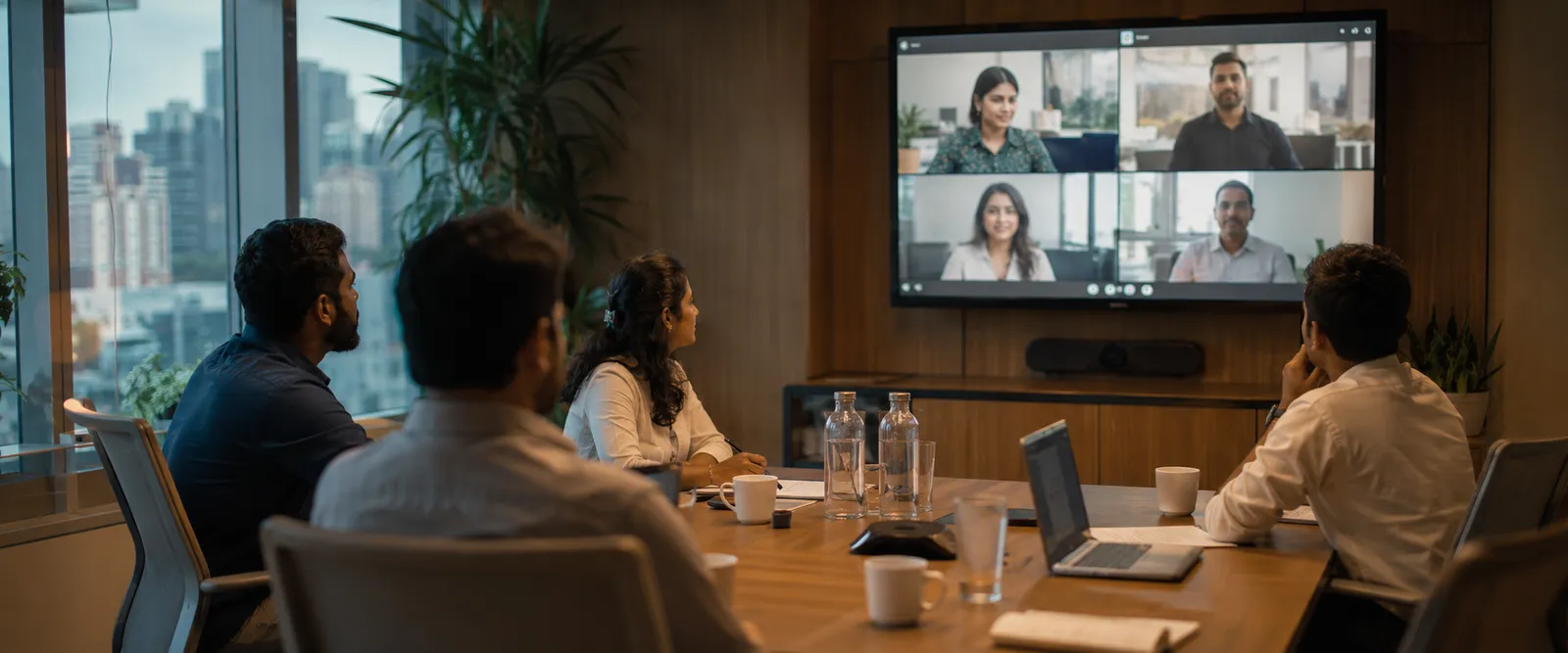 A team in a meeting room on a video call with remote colleagues on a wall display