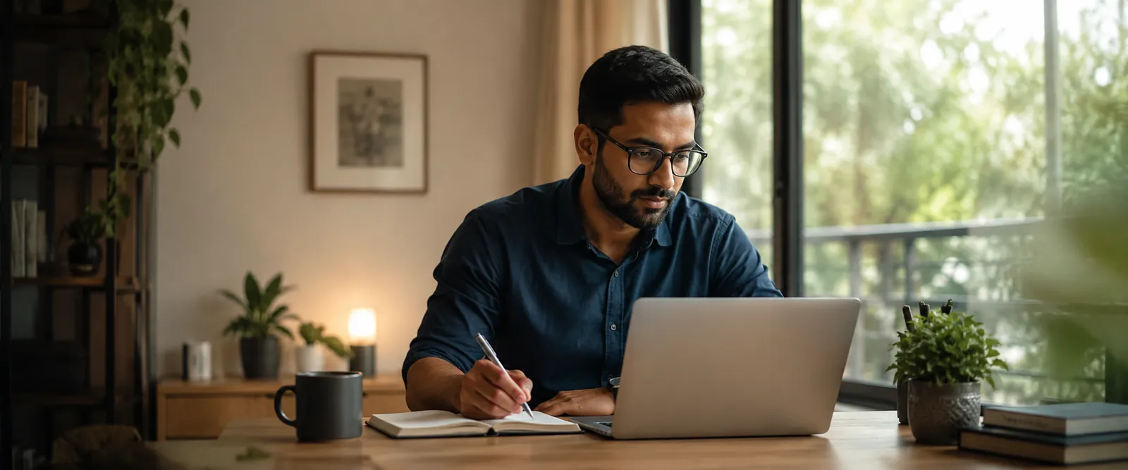 A professional working from a well-lit home study with a laptop and notebook
