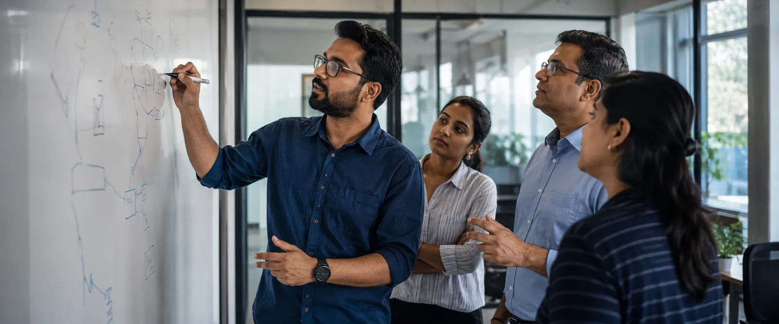 Colleagues gathered at a whiteboard while one sketches a diagram