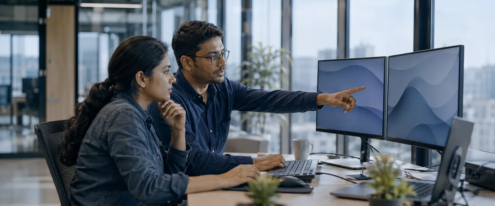 Two engineers at a dual-monitor desk, one explaining something on screen